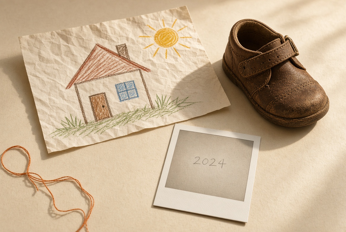 Desenho de criança, sapatinho e polaroid com o ano