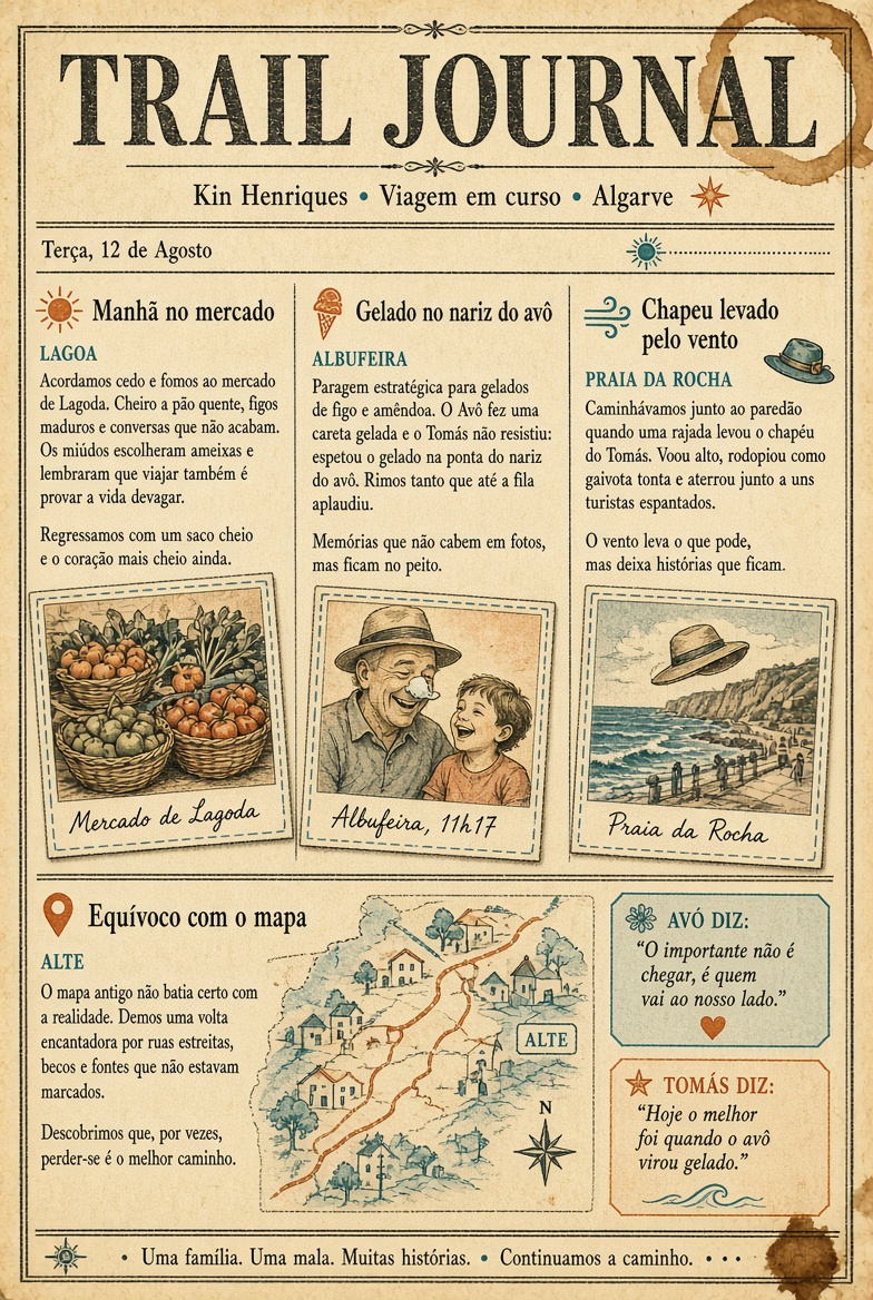 Página de jornal Trail Journal da viagem da família Henriques no Algarve